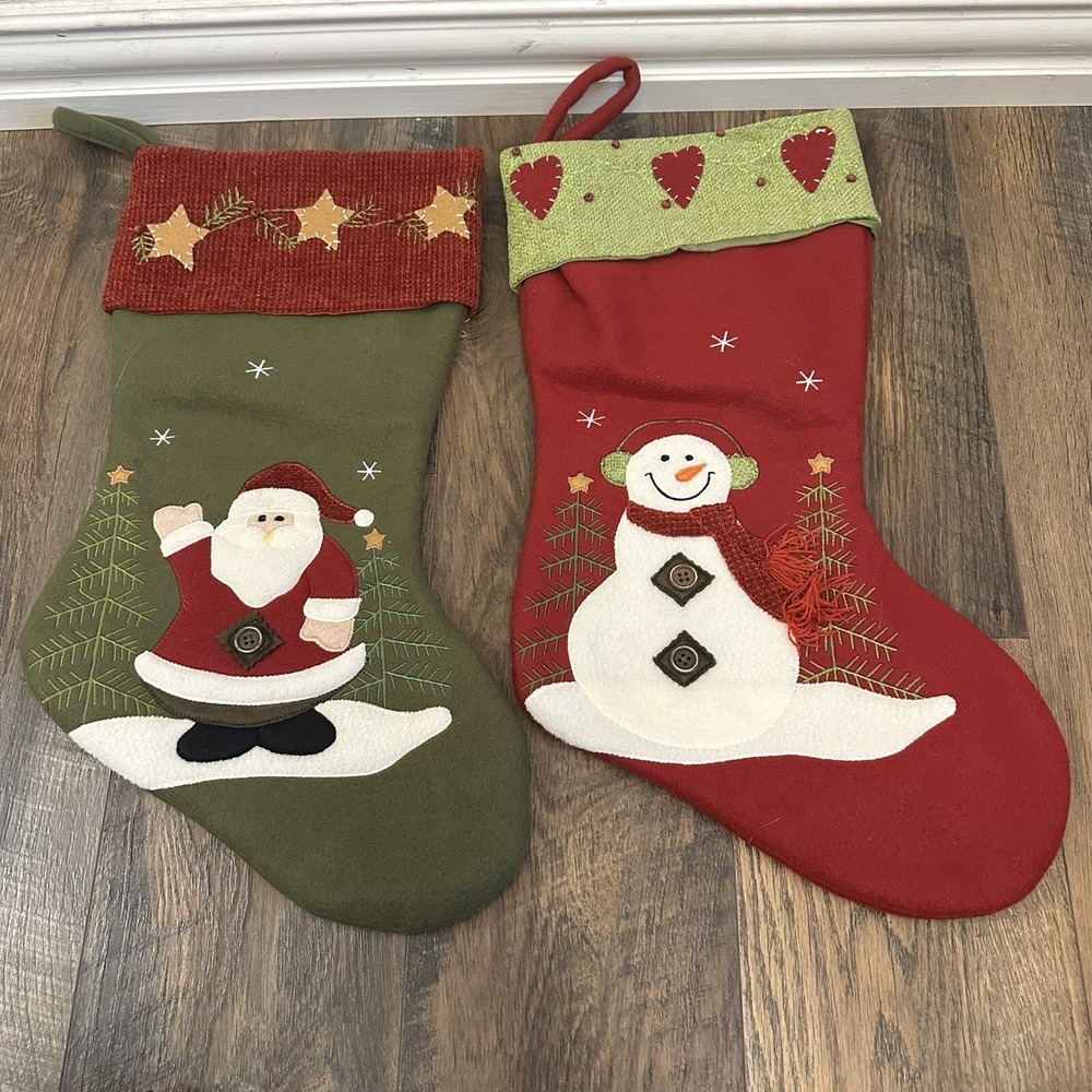 Christmas Stockings Set 2 Santa Snowman Applique Red Green Felt Rustic Holiday